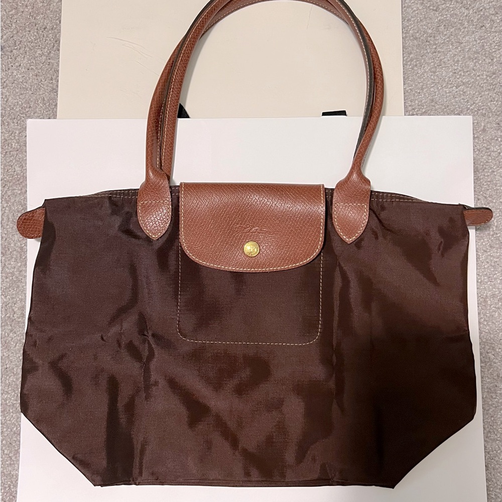 Longchamp Le Pliage Brown Tote Bag with Long Handle Leather Trim